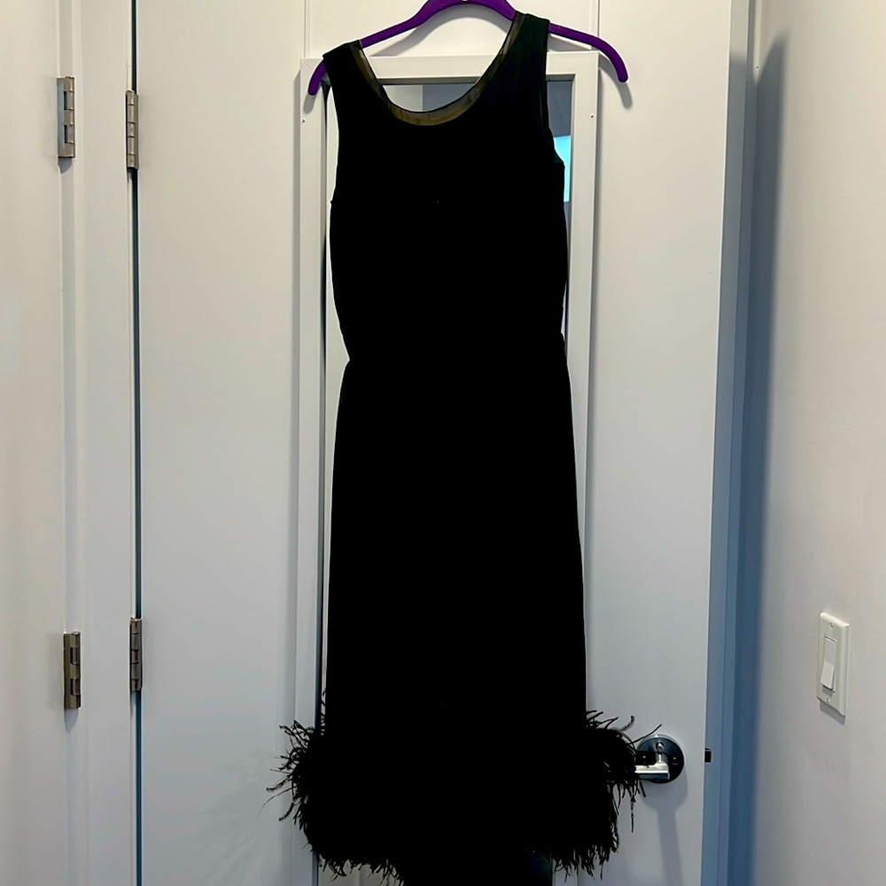 Vintage Miss Bonwit sheer black dress with feather bottom. Size 0